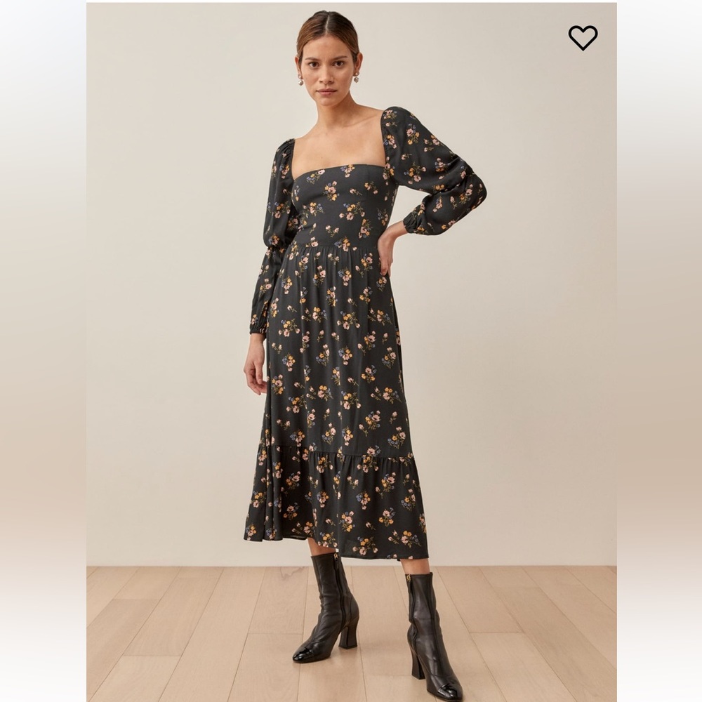 Reformation Mica Dress in Evita — Black Floral Midi